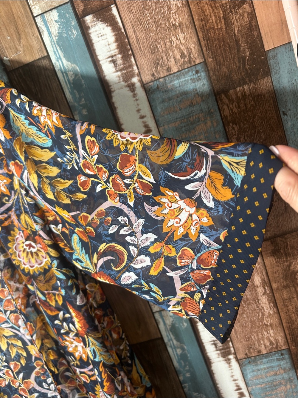 Christopher & Banks Navy Floral Open-Front Kimono with Mustard & Rust Accents - Picture 3 of 14